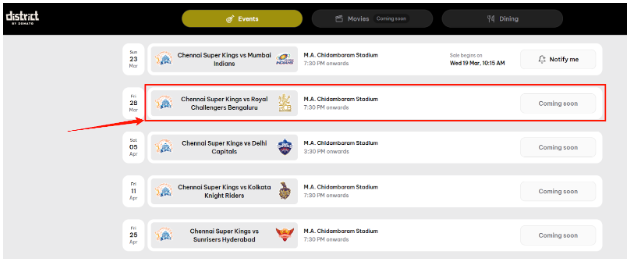 CSK match tickets page on District website CSK match tickets page on District website
